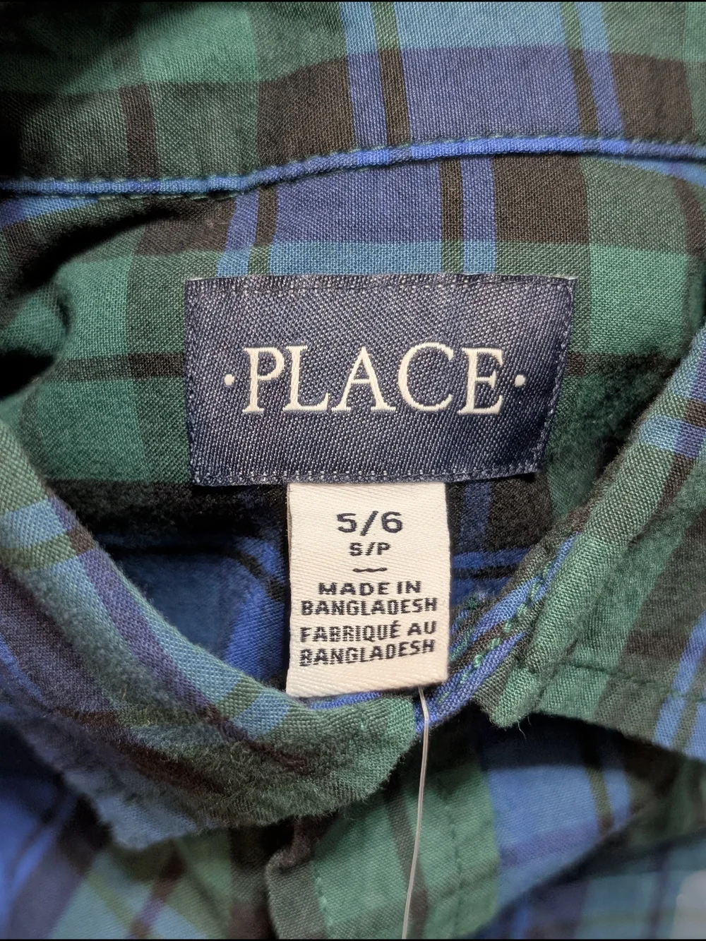 The Children's Place Boys Sm. 5/6 Blue Green Plaid Long-Sleeve Button-Down Shirt